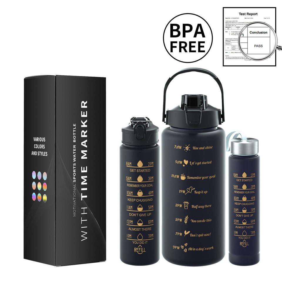 3PCS Water Bottle with Two Straws-5575Black Matte